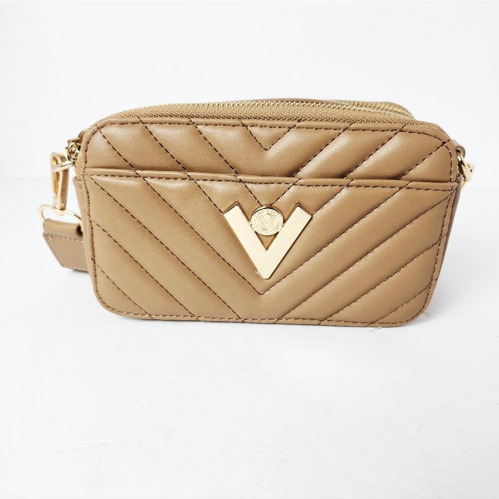 Valentino Orlandi Crossbody Bag Dark Taupe  Quilted Gold V-Logo New 7x4